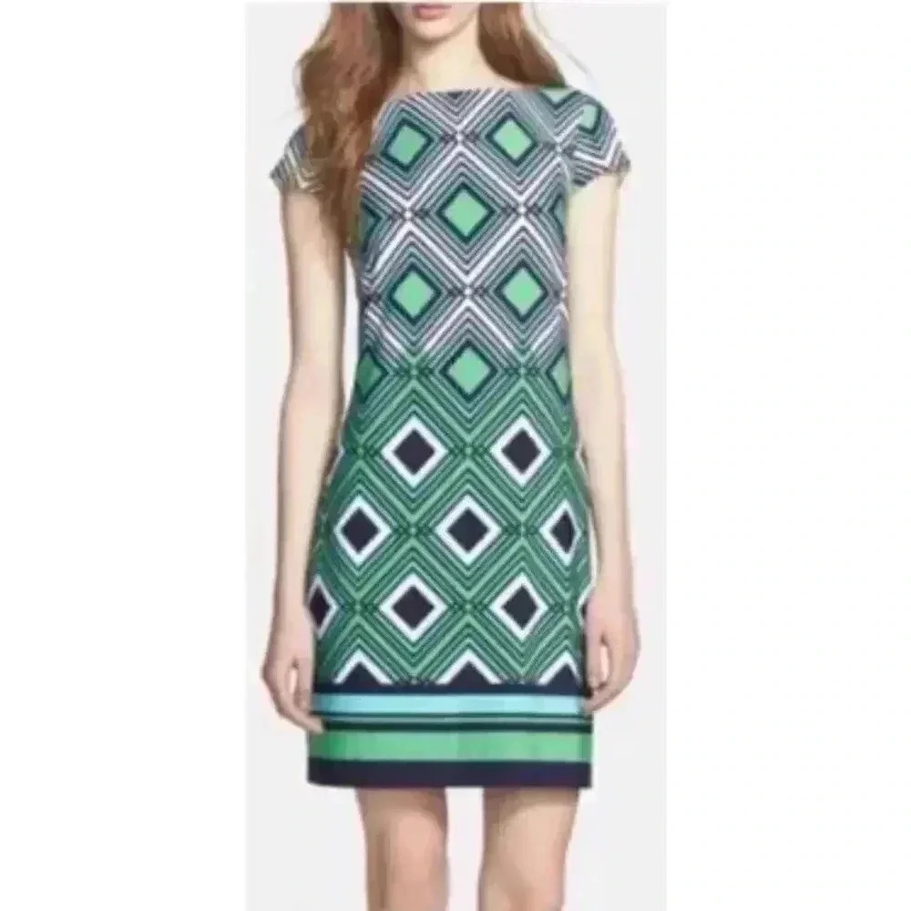 Jessica Howard Womens Sz S Blue Green White Chevron Straight Sheath